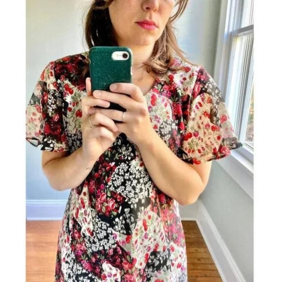 Vintage 90s Floral Rose Ruffle Flutter Cottagecore Chiffon Dress - Picture 4 of 10